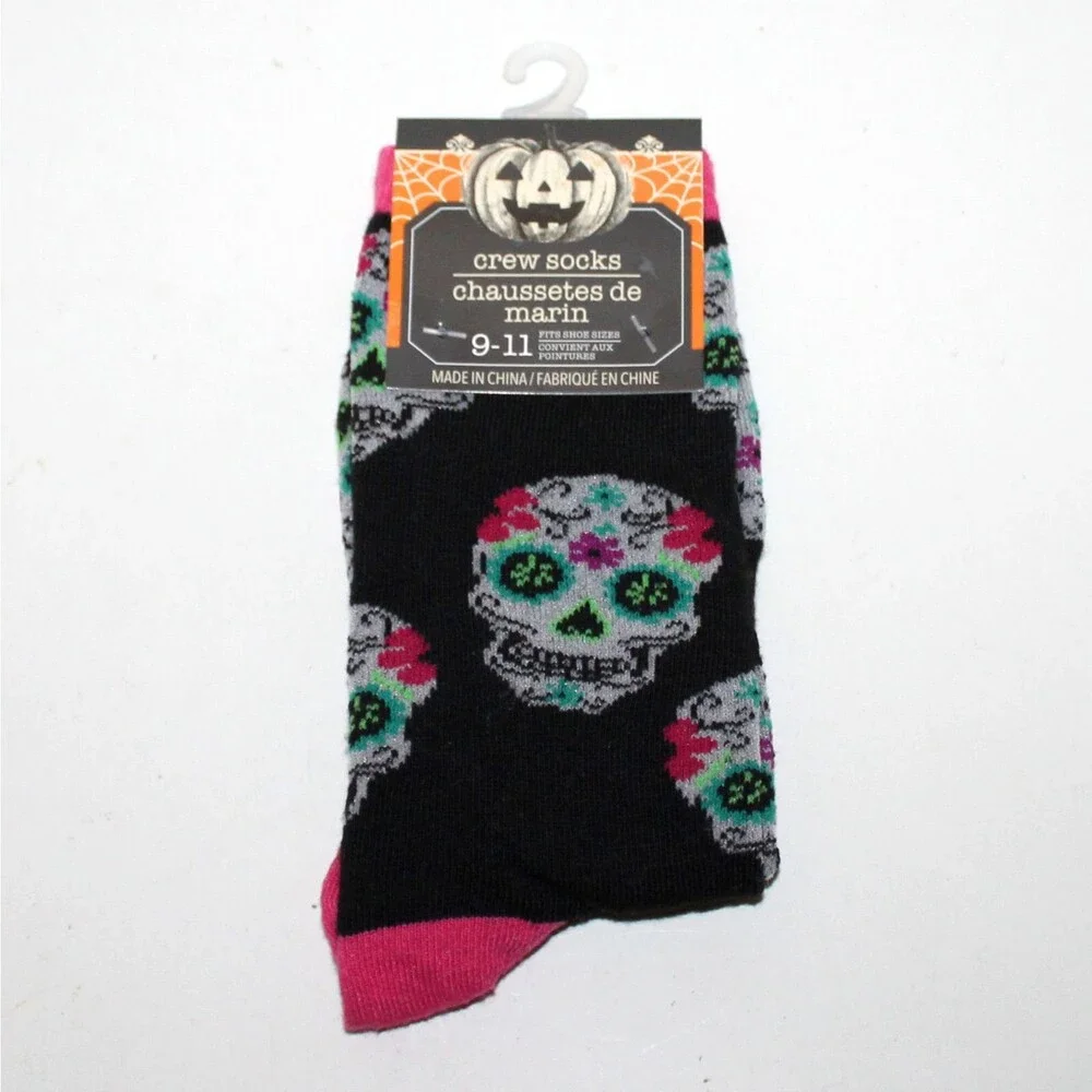 1 pair Socks Día De Los Muertos black pink size 9 - 11 Skull Halloween unisex